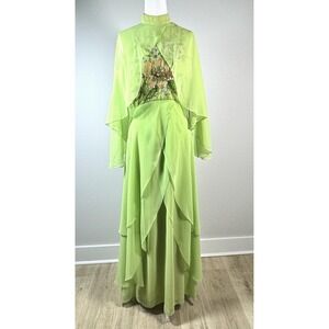 Vintage 70s Green Chiffon Maxi Dress Beaded Cape  Union Made Sz 4-6 Garden Fairy